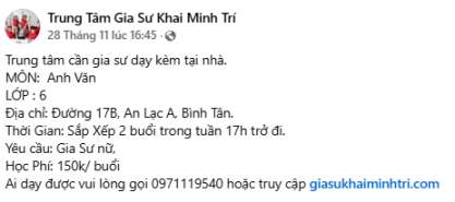 Lớp mới cần gia sư Khai Minh Trí trên facebook