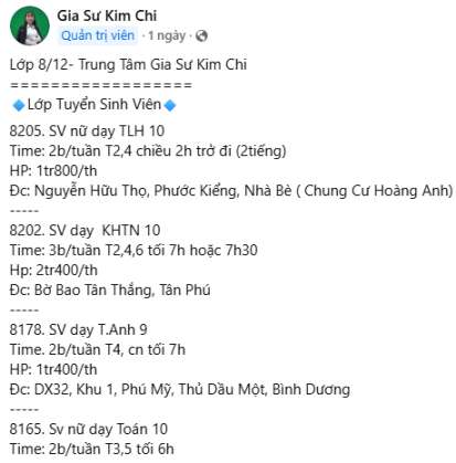 Có nhiều lớp cần tìm gia sư tại Kim Chi